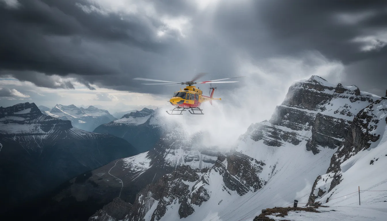 Besetzung von „Die Bergretter”: Alle wichtigen Schauspieler und Rollen im Überblick 1 Das Bild zeigt einen Hubschrauber der die Bergrettung bei einem Einsatz in alpinem Gebiet darstellt. In der Serie spielt die Besetzung von Die Bergretter ihre Stunts zum Teil selbst.