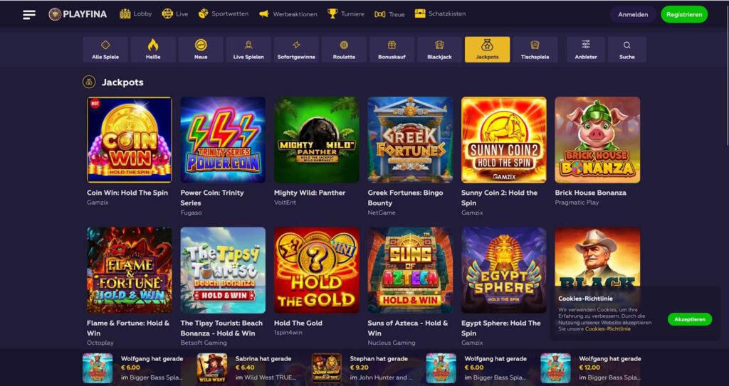 playfina online casino jackpots