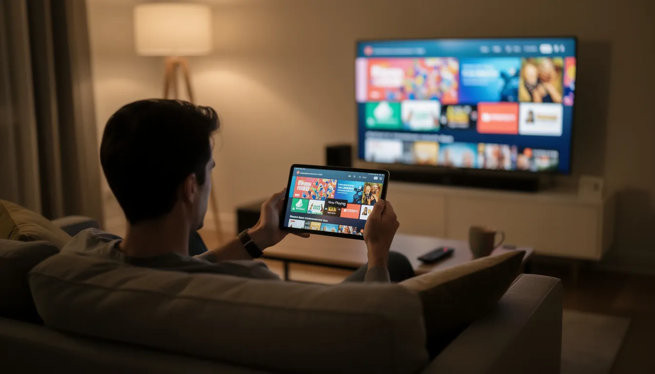 ZDF-Mediathek: Der komplette Guide zum kostenlosen Streaming-Portal 1 Eine Person sitzt auf einem Sofa und schaut auf ein Tablet, während im Hintergrund ein Smart TV läuft, auf dem Streaming-Inhalte wie Serien und Filme aus der ZDF Mediathek zu sehen sind. Die Atmosphäre ist entspannt und bietet ein modernes Streaming-Erlebnis mit einer Vielzahl von Lieblingsinhalten.