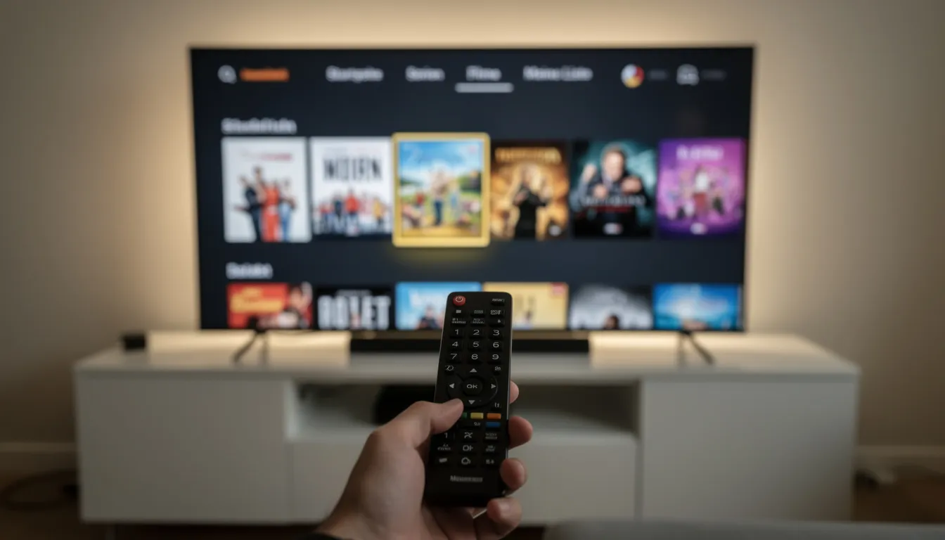 TV Streaming App: So finden Sie den besten Dienst für Live-TV & Mediathek 2 Eine Hand hält eine Fernbedienung vor einem Fernseher, der eine Streaming-Oberfläche zeigt, auf der verschiedene TV-Sender und Inhalte zum Live-Streaming angezeigt werden. Diese Szene vermittelt den Zugang zu einer Vielzahl von Streaming-Diensten, die monatlich kündbar sind.