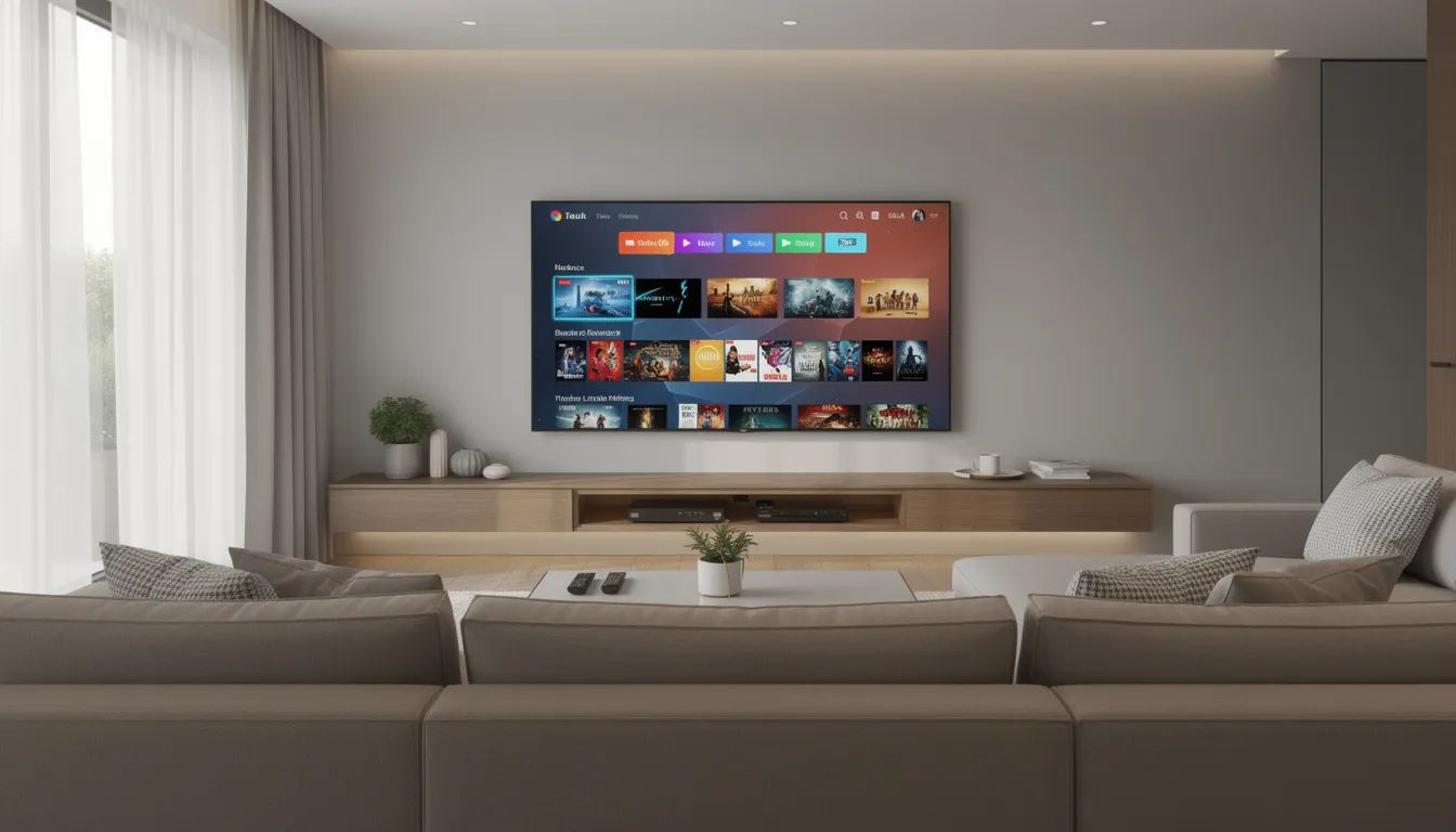 ZDF-Mediathek: Der komplette Guide zum kostenlosen Streaming-Portal 4 Das Bild zeigt ein modernes Wohnzimmer mit einem großen Smart-TV, der eine Streaming-Oberfläche anzeigt. Auf dem Bildschirm sind verschiedene Inhalte zu sehen, darunter Serien und Filme, die über die ZDF Mediathek oder andere Streaming-Apps verfügbar sind.