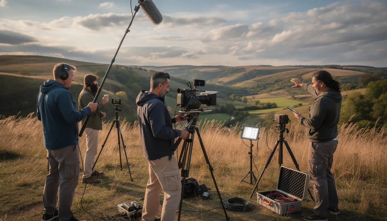 ZDF-Mediathek: Der komplette Guide zum kostenlosen Streaming-Portal 3 Ein Dokumentarfilmteam steht in einer malerischen Naturlandschaft, umgeben von Kameras und technischem Equipment. Sie sind dabei, Aufnahmen für eine neue Sendung zu machen, die in der ZDFmediathek verfügbar sein wird.