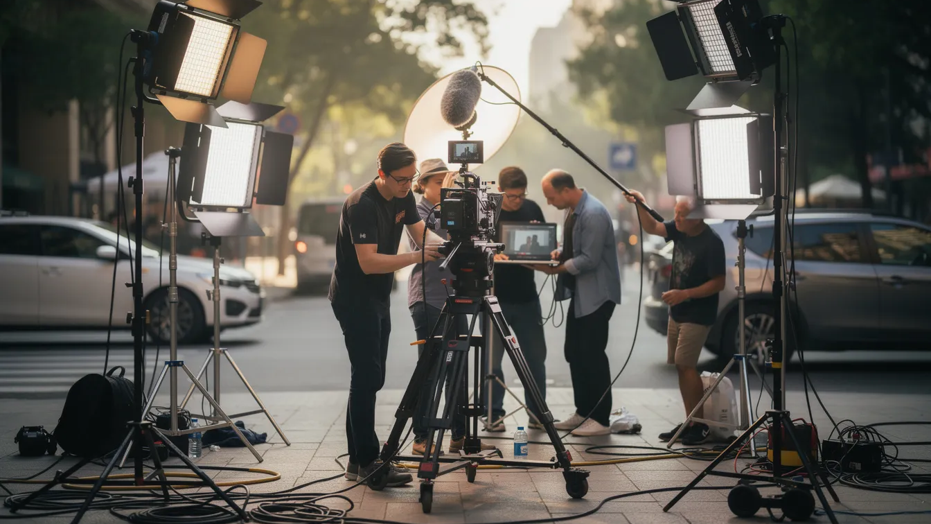Besetzung von „Doppelhaushälfte” – alle Schauspieler:innen der Comedy-Serie 3 Ein Filmteam bei der Arbeit an einer Straßenszene.