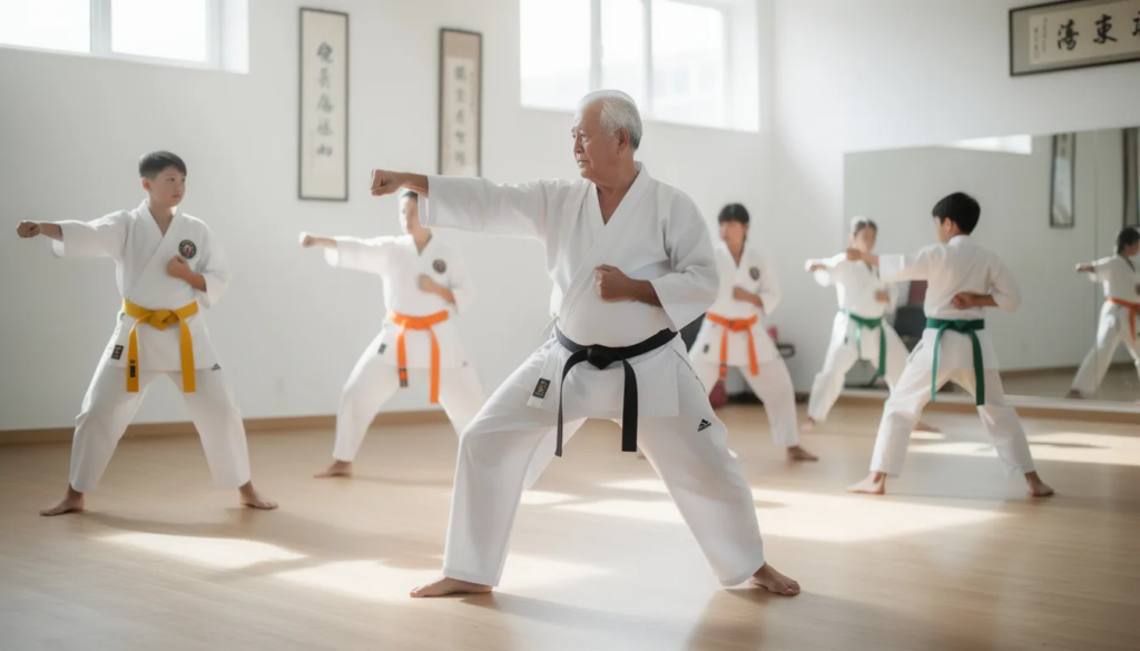 Besetzung von Cobra Kai – Überblick über Cast, Figuren & Entwicklung 3 Kinder und ihr Meister im Dojo beim Karatetraining.