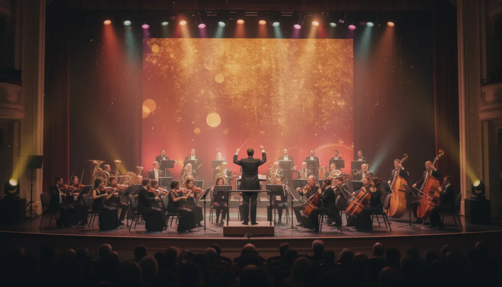 ARTE Live: Der Livestream des Kultursenders ARTE 4 Das Bild zeigt eine festlich beleuchtete Konzertbühne, auf der ein Orchester spielt. Die Lichter strahlen in verschiedenen Farben und schaffen eine glamouröse Atmosphäre, während die Musiker sich auf ihre Darbietung konzentrieren.