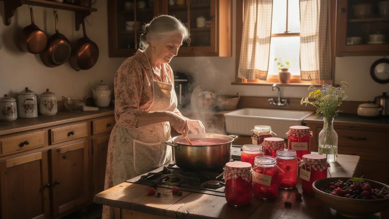 Dahoam is Dahoam: Serie, Figuren, Highlights & aktuelle Folgen 2 Alte Dame kocht Marmelade in einer gemütlichen Landhausküche.