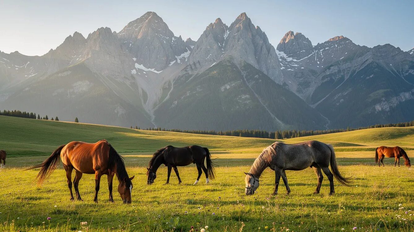 Yellowstone Ranch: Drehort, echte Ranch & Universum der Duttons 3 Pferde grasen von einer Bergkulisse.
