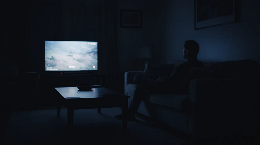 ZDF Programm von morgen – Überblick, Highlights und Tipps 3 Das Bild zeigt ein dunkles Wohnzimmer, in dem bläuliches Licht von einem Fernseher ausgeht. Auf einem Sofa ist eine Silhouette zu erkennen, die möglicherweise eine Person ist, die das aktuelle ZDF Programm von morgen verfolgt.