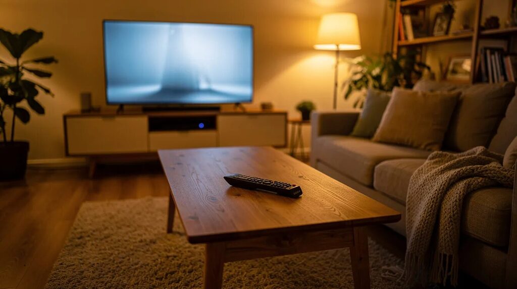 ZDF Programm von morgen – Überblick, Highlights und Tipps 1 Das Bild zeigt ein gemütliches Wohnzimmer mit einem eingeschalteten Fernseher, der auf das aktuelle Fernsehprogramm mit dem ZDF Programm von morgen eingestellt ist. Auf dem Couchtisch liegt eine Fernbedienung, während im Hintergrund eine entspannte Atmosphäre herrscht, die zum Fernsehen und zur Unterhaltung einlädt.