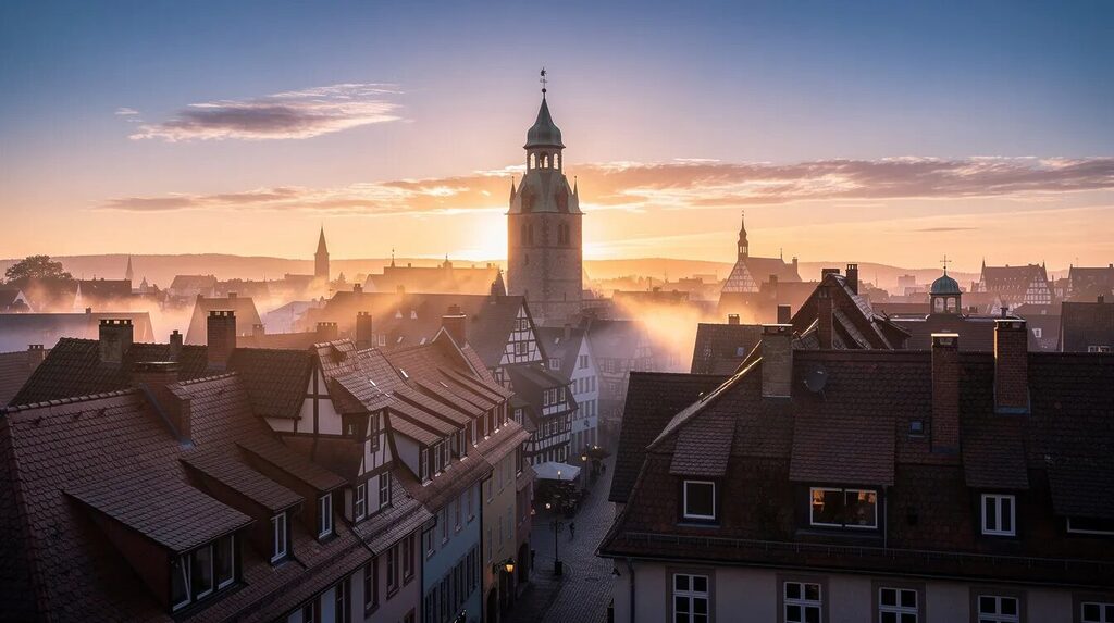 ZDF Programm von morgen – Überblick, Highlights und Tipps 2 Ein malerischer Sonnenaufgang über einer deutschen Stadtsilhouette, die von einem markanten Kirchturm und verschiedenen Dächern geprägt ist. Die sanften Farben des Himmels schaffen eine friedliche Atmosphäre, während die Stadt erwacht und sich auf das Tagesprogramm im Fernsehen vorbereitet, einschließlich der Nachrichten und Unterhaltungssendungen des ZDF.