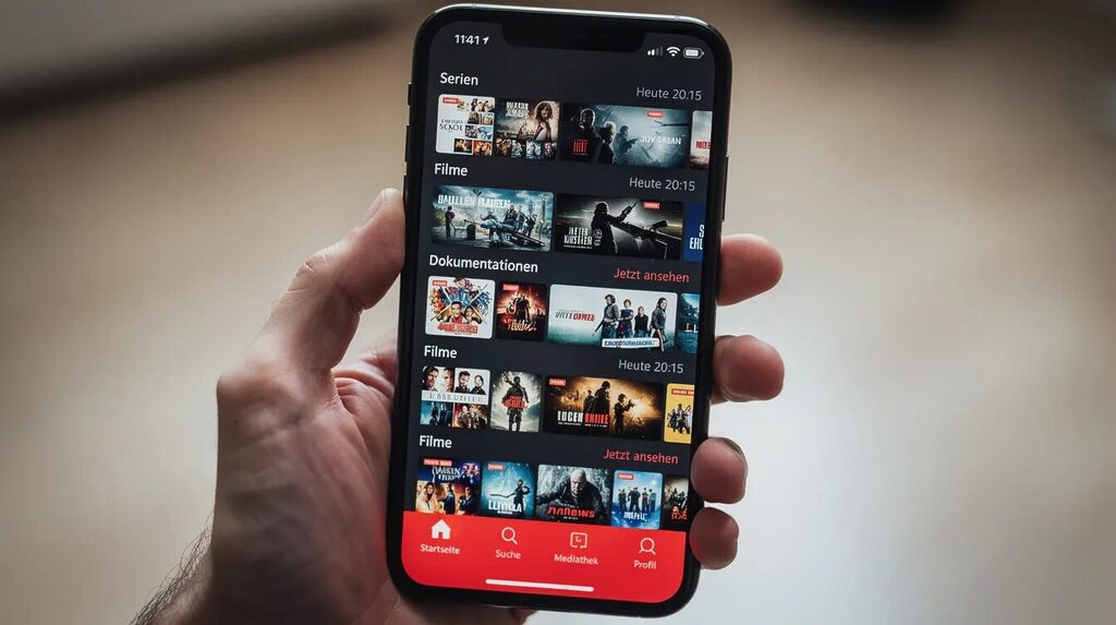 ZDF Programm von morgen – Überblick, Highlights und Tipps 4 Ein Smartphone in einer Hand zeigt eine Programmübersicht einer Streaming-App, die verschiedene Sendungen wie Nachrichten, Serien und Filme anzeigt, darunter auch das ZDF-Programm für heute Abend. Die Übersicht umfasst Zeiten wie 19:00 und 22:00 Uhr, sowie verschiedene Sender und Formate.