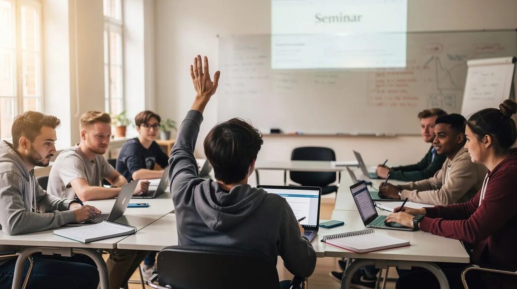Dumme Fragen: Warum sie wichtig sind, zum Nachdenken anregen und oft richtig gute Antworten bringen 1 Das Bild zeigt eine Gruppe von Studierenden in einem Seminarraum, in dem eine Person zögerlich die Hand hebt, als ob sie eine Frage stellen möchte. Die anderen Teilnehmer blicken interessiert und aufmerksam in ihre Richtung, was auf ein aktives Gespräch und Nachdenken über das Thema hinweist.