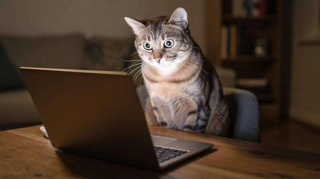 Dumme Fragen: Warum sie wichtig sind, zum Nachdenken anregen und oft richtig gute Antworten bringen 2 Das Bild zeigt eine verwirrte Katze, die auf einen Laptopbildschirm starrt, als würde sie nachdenken, was dort zu sehen ist. Ihre großen Augen und aufmerksamen Ohren vermitteln ein Gefühl von Interesse und Neugier, während sie in die digitale Welt blickt.