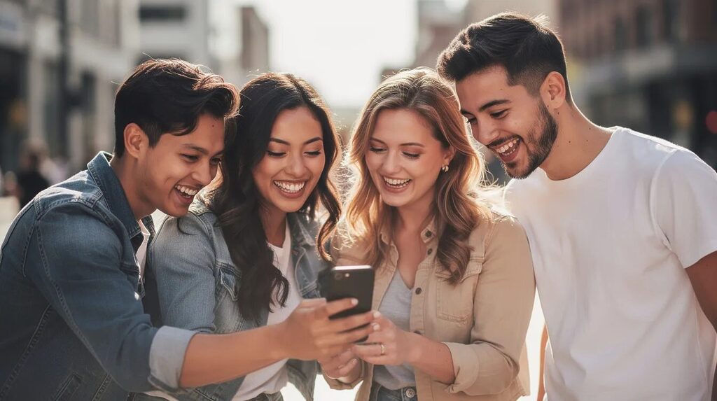 Dumme Fragen: Warum sie wichtig sind, zum Nachdenken anregen und oft richtig gute Antworten bringen 3 Das Bild zeigt mehrere Personen, die gemeinsam auf einen Handybildschirm schauen und über dumme Fragen lachen. Ihre Gesichter strahlen Freude aus, während sie vermutlich einen lustigen Beitrag oder ein interessantes Video teilen.