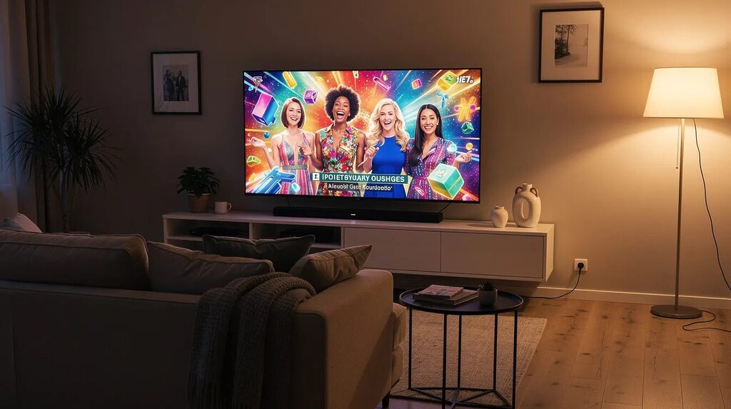 RTL kostenlos live: So sehen Sie den TV-Sender legal im Livestream 1 Das Bild zeigt ein gemütliches Wohnzimmer mit einem modernen Fernseher, auf dem eine farbenfrohe Unterhaltungsshow läuft. Das Sofa ist einladend und die weiche Beleuchtung sorgt für eine entspannte Atmosphäre, ideal für das Anschauen von Sendungen wie in RTL kostenlos live.