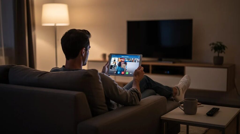 RTL kostenlos live: So sehen Sie den TV-Sender legal im Livestream 2 Eine Person sitzt entspannt auf dem Sofa im Wohnzimmer und schaut auf ihrem Tablet eine Fernsehsendung per Streaming, möglicherweise eine Folge von