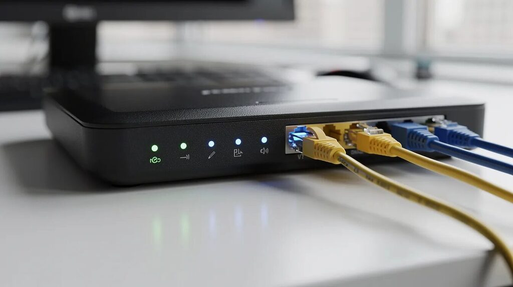 RTL kostenlos live: So sehen Sie den TV-Sender legal im Livestream 3 Die Nahaufnahme zeigt einen modernen WLAN-Router auf einem Schreibtisch, umgeben von blinkenden LED-Lichtern und Ethernet-Kabeln, die eine stabile Internetverbindung für Streaming-Dienste wie RTL und andere TV-Sender gewährleisten. Dieses Gerät ist essenziell für das Streaming von Serien und Filmen in HD-Qualität.
