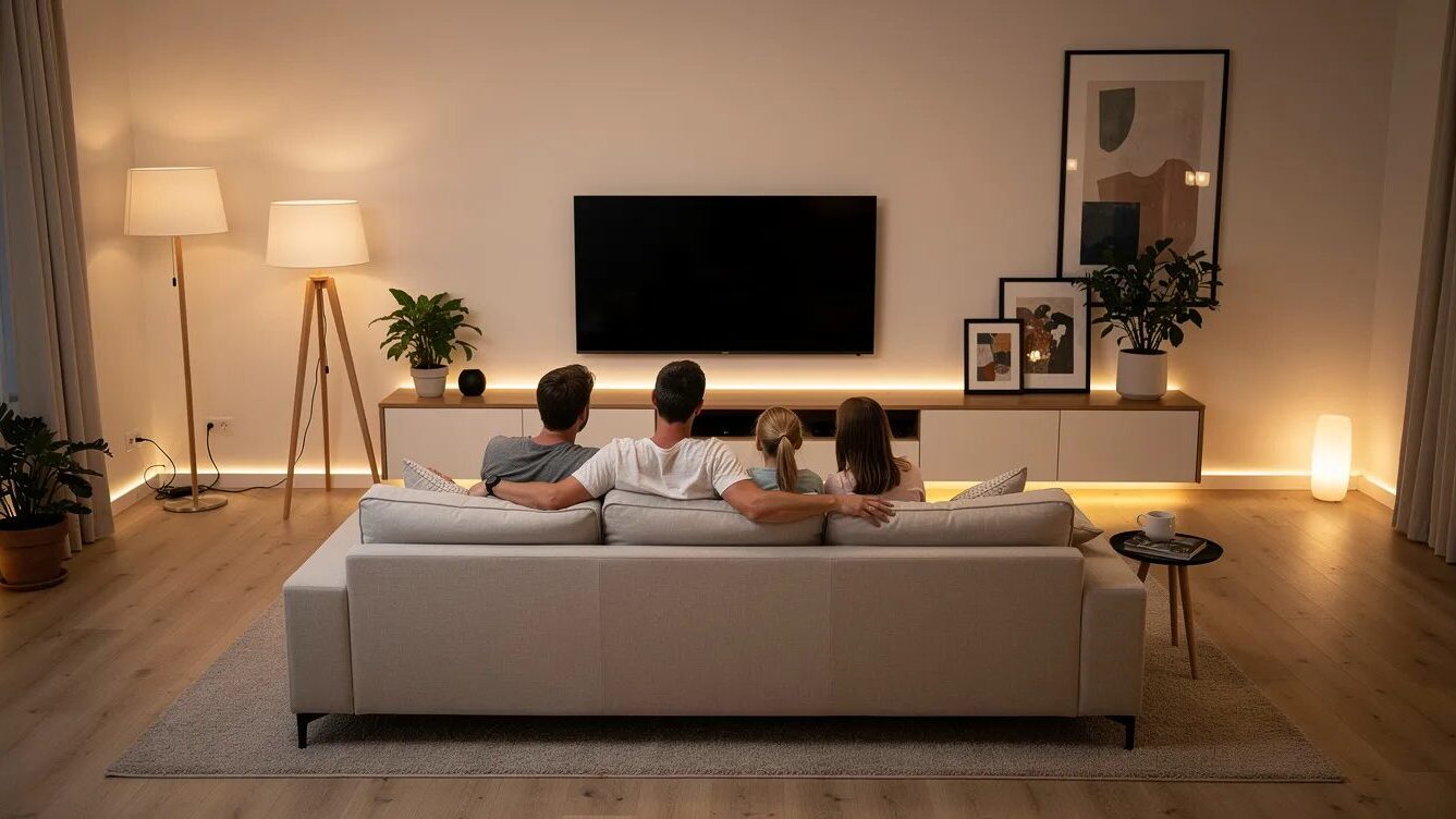 MagentaTV ohne Receiver: Alle Möglichkeiten, Geräte & Kosten im Überblick 4 Familie im Wohnzimmer.